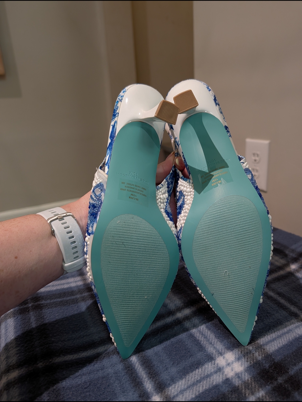 Betsey Johnson Blue and White Embellished Slingback Kitten Heels - Picture 5 of 5